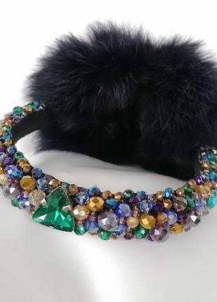 Зимние меховые наушники с хрустальными бусинами  мультицвет корона  стиль дольче габбана3 фото