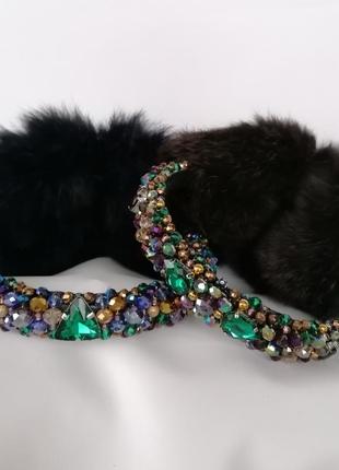 Зимние меховые наушники с хрустальными бусинами  мультицвет корона  стиль дольче габбана7 фото