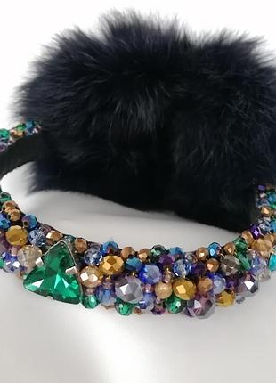 Зимние меховые наушники с хрустальными бусинами  мультицвет корона  стиль дольче габбана1 фото
