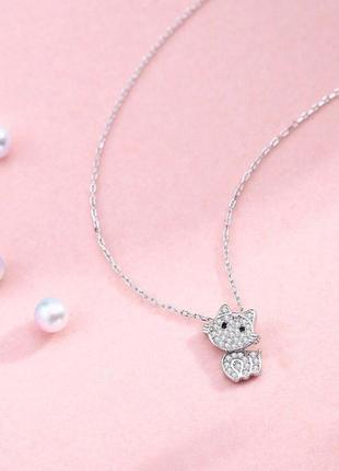 Цепочка с кулоном большая кошечка из камней, подвеска с котиком, серебряное покрытие 925 пробы, длина 39+5 см