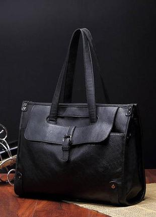 Мужская городская сумка для документов, мужской портфель для работы черный кожаный (пу кожа2 фото