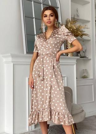 Сукня міді шовкове з оборками з рюшами з короткими рукавами на запах в горошок