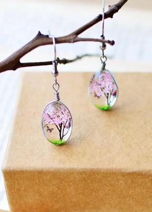 Серьги женские стеклянные "дерево", розовые - размер серьг 2*1,2см