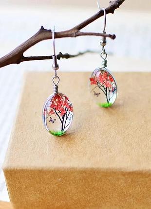 Серьги женские стеклянные "дерево", красные - размер серьг 2*1,2см