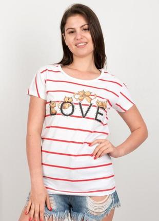 Стильная белая футболка в полоску с рисунком котами надписью