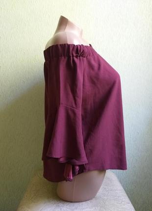 Блуза с открытыми плечами. туника. рукава клеш. вишневая, марсала, бордовая.3 фото