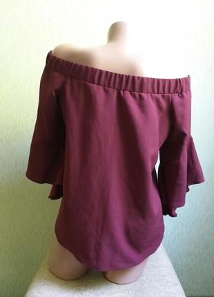 Блуза с открытыми плечами. туника. рукава клеш. вишневая, марсала, бордовая.4 фото