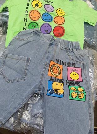 Подростковые комплекты салатовая футболка джинсовые шорты бриджи для мальчиков р. 130-1609 фото