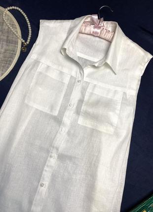 Блузка рубашка без рукавов, белый лён, натуральная ткань.2 фото