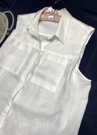 Блузка рубашка без рукавов, белый лён, натуральная ткань.4 фото