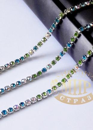 Стразовая цепочка, цвет multicolor (aqua+peridot+ab), ss6 (2mm), металл серебро, 1м