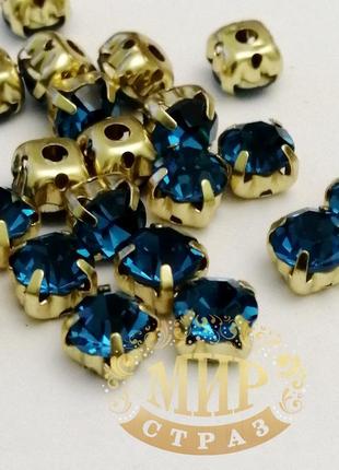 Круглые стразы чатоны в золотых цапах, размер 6мм, цвет blue zircon, 1шт