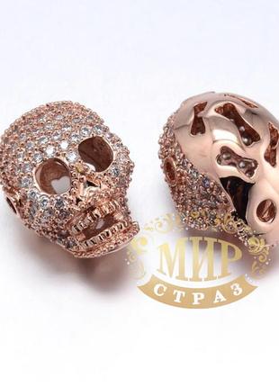 Бусина-череп с цирконием, цвет rose gold, 13х17мм, 1 шт