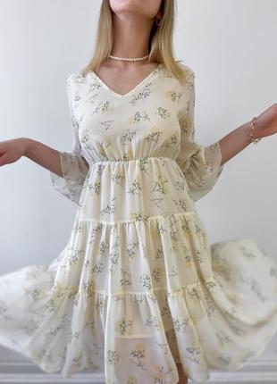 Шифонова молочна сукня в квітковий принт7 фото