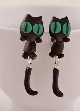 Серьги с котами с зелеными глазами" - длина 5см, полимерная глина