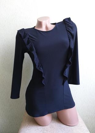 Темно-синя блуза з рюшами. лонгслив. топ эластиковый, стрейчевый.