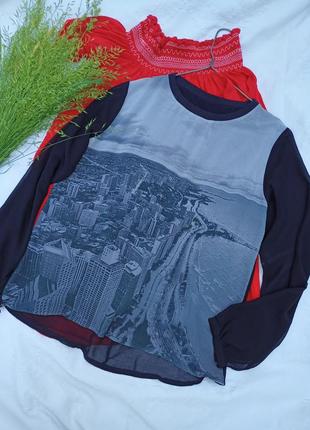 Шифоновая блуза с принтом "город", на вискозной майке,44-48разм., amazing.2 фото