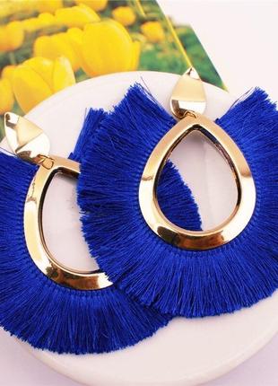 Серьги серёжки синие сережки сині с ниток большие крупные стильные модные нарядные1 фото