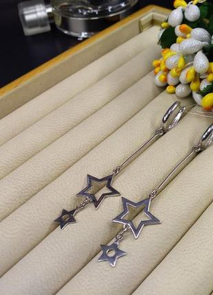 Серебряные серьги стильные подвески висюльки звездочки 925 английская застежка1 фото