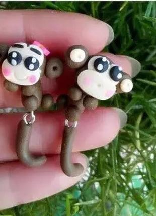 Сережки "мавпочки" - довжина 4,5 см, полімерна глина1 фото