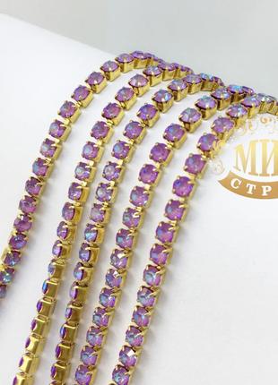 Стразовая цепочка ss6 (2mm), цвет металла золото, стразы purple delite, 10 см