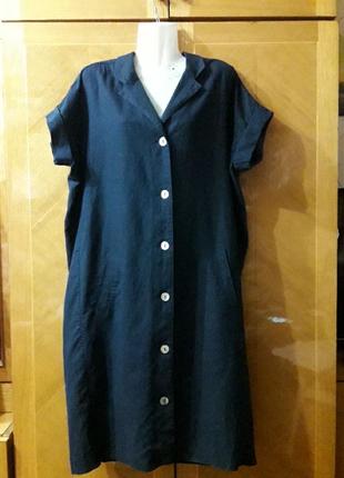 Брендовое  лен + хлопок  стильное темно-  синее платье  - халат  р.16 от jaeger