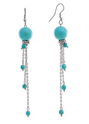 Серьги подвески с голубой бирюзой(пресс) и стразами на цепочках, металл под серебро,95мм