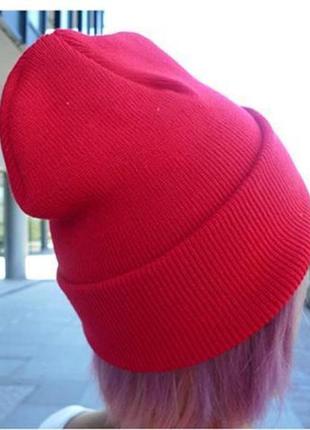 Шапка-чулок теплая вязаная шапка бини красная унисекс1 фото