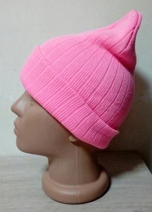 Шапка-чулок вязаная шапка унисекс розовая в рубчик2 фото