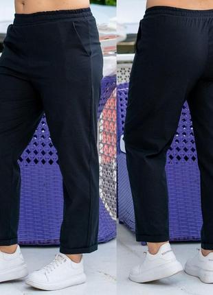 Женские укороченные летние льняные черно-синие брюки на резинке1 фото