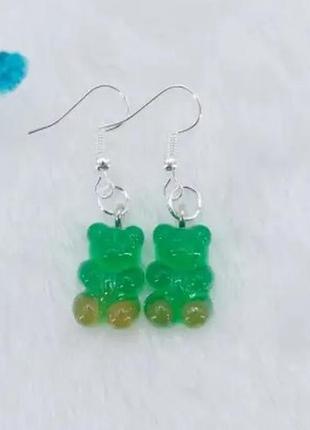 Мишки сережки, цвет зеленый + коричневый - размер мишки 1,6*1см, смола