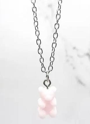 Детский кулон желейный мишка, белый - длина 48см, смола, цинковый сплав