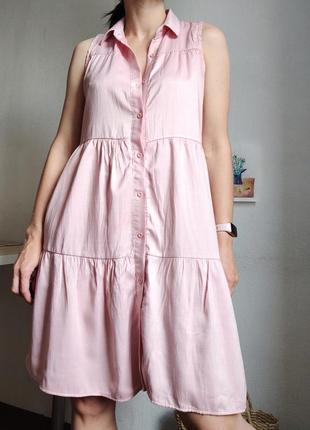 Платье розовое рубашка на пуговицах миди до колена пышное хлопок s m l1 фото