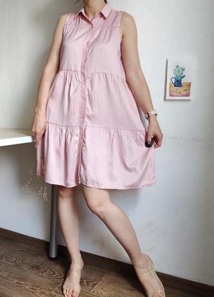 Платье розовое рубашка на пуговицах миди до колена пышное хлопок s m l6 фото