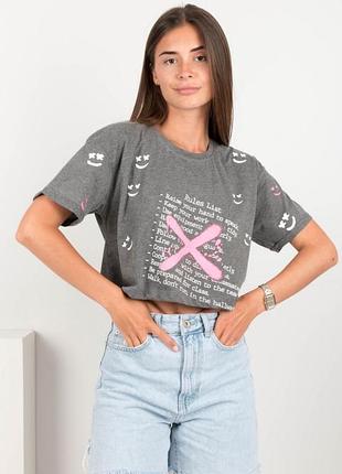 Стильна сіра коротка футболка з малюнком і написом принтом оверсайз топ