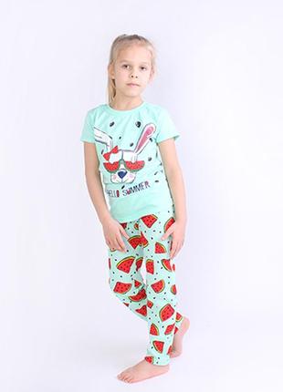 Піжама для дівчинки футболка + лосини кролик світяшка м'ята1 фото