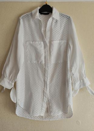 Блузка сорочка з завязками на рукавах з прорізною вишивкою та льоном2 фото