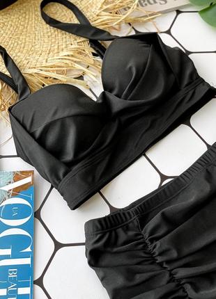 Женский красивый чёрный купальник с эффектом утяжки, раздельный купальник с высокими плавками4 фото