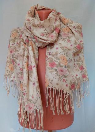 Широкий шарф* палантин бежевый в цветочный мелкий принт  qzsoy aksesuar(70 см на 170 см)