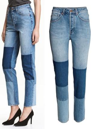 Mom fit jeans h&m 36-s,джинсы mom,голубые джинси мом с нашивками1 фото