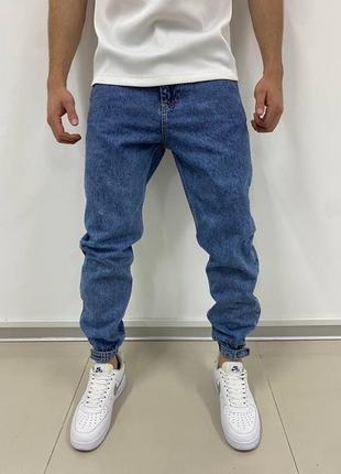 Котонові чоловічі джинси на липучках в синьому кольорі1 фото