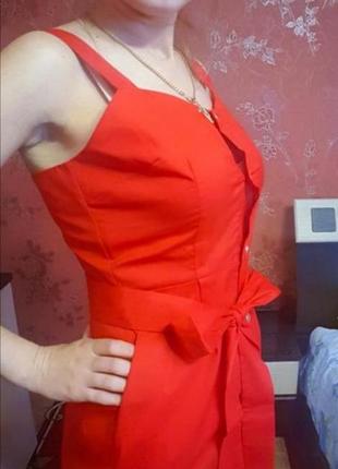 Красный сарафан платье на пуговицах с поясом хлопок акция3 фото