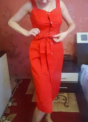 Красный сарафан платье на пуговицах с поясом хлопок акция2 фото