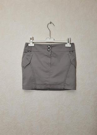 Стильная мини юбка серая прямая с карманами широкий пояс женская9 фото