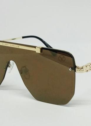 Louis vuitton стильные очки маска солнцезащитные унисекс коричневые в золотом металле1 фото