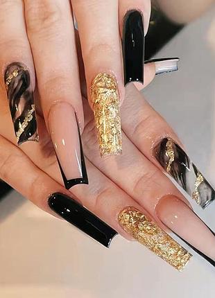 Накладные ногти 24 шт.+ клей для типс "черно-золотой глянец"