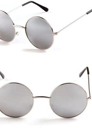 Круглые очки от солнца с металлической серебряной оправой и серебряным зеркалом