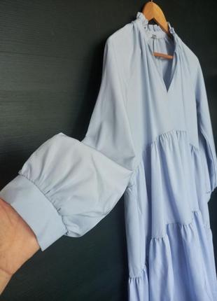 Нежное легкое платье длинный рукав спокойный серо-голубой цвет3 фото