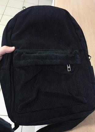 Рюкзак черный однотонный вельветовый велюровый в рубчик унисекс вместительный дт085