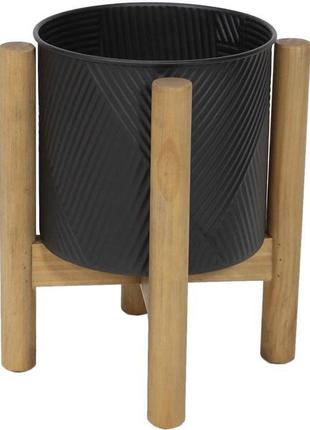 Металлическое кашпо "ravenna" на деревянной подставке 35см, черное1 фото